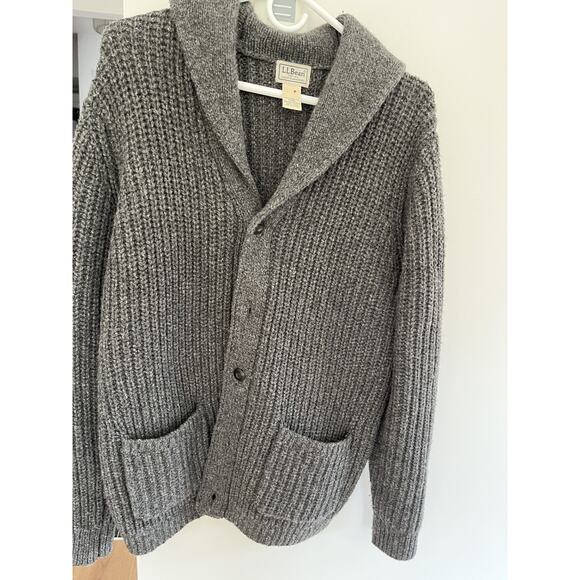 LL Bean Men's Med Gray Lambswool Shawl Collar Cardigan Fisherman Preppy - Picture 1 of 9
